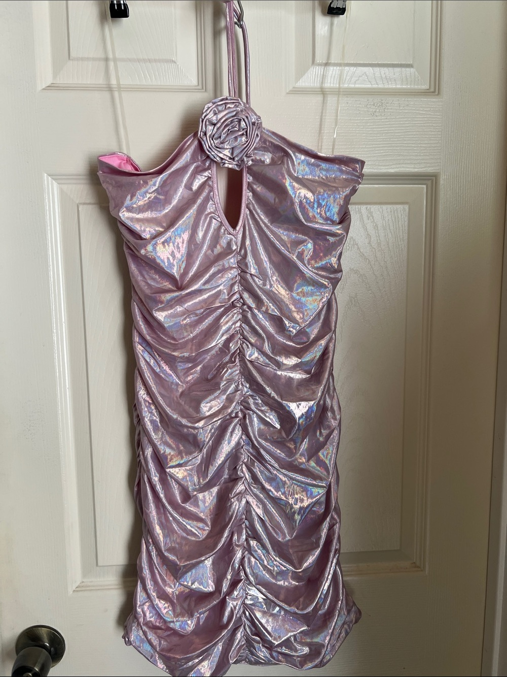 Fashion Nova Iridescent Pink Ruched Halter Dress with Rosette